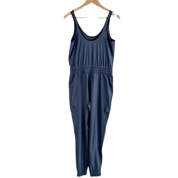 Athleta Unbound Jumpsuit Cargo Blue Relaxed Sleeveless Stretchy Loose Sz Large T - Picture 8 of 9